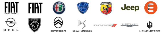 groupe de logos de constructeurs automobiles, dont Fiat Professional, Fiat, Alfa Romeo, Lancia...