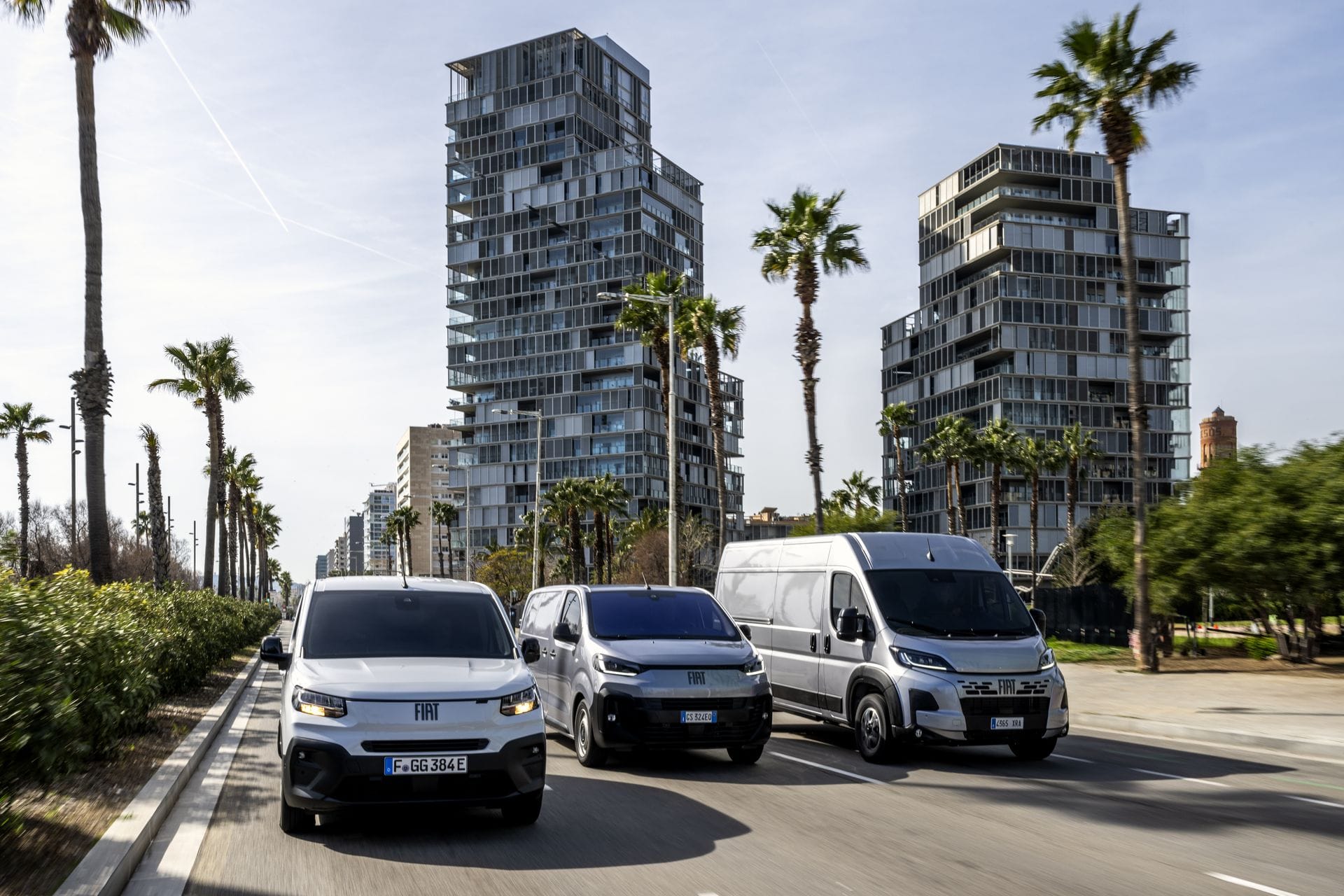 3 utilitaires Fiat Pro garés côte à côte, avec une ville en décor.