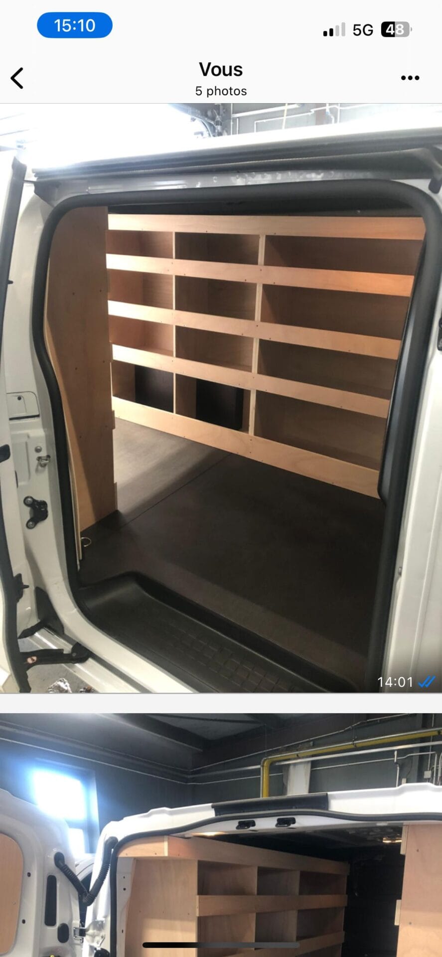 Aménagement en bois dans un fourgon utilitaire.